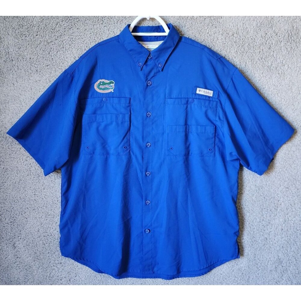 Columbia PFG Florida Gators Blue Vented Fishing Short Sleeve Button Shirt Size M